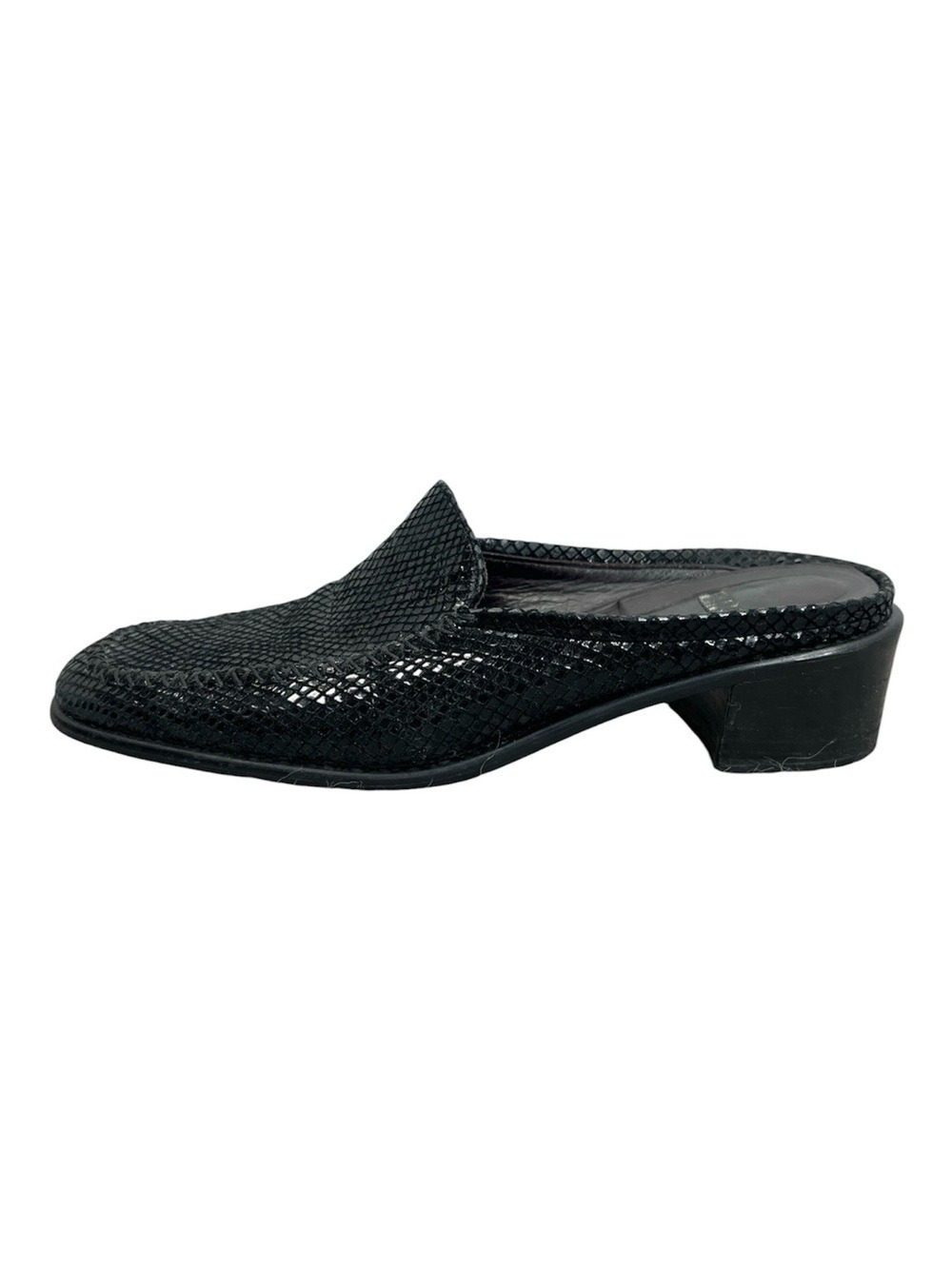 Stuart Weitzman leather snakeskin embossed black quiet luxury heeled mules 10